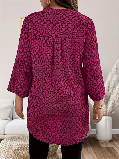Women's Plus Size Printed Curly Sleeve Top Casual V-neck Three Quarter Sleeve Shirt