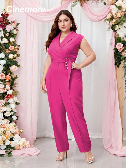 Cinemore 2023 Chic and Elegant Women Jumpsuit Plus Size Lapel V Neck Belted  High Waist Harlan Trousers Pants Office Bodysuit