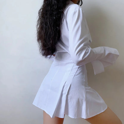 HOUZHOU Black Shirt Dress Women Elegant Vintage Long Sleeve Dresses Sexy Gothic Pleated Streetwear Turn-down Collar Casual Robe