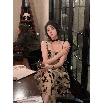 2024 Korean Fashion Summer Floral Strap Midi Dress Women Sleeveless Elegant Vintage Dress Evening Party One Piece Dress
