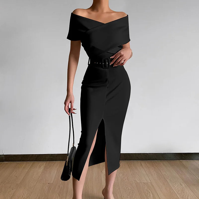 Women Elegant Commuter Wrap Hip Dresses Belt Included Crossover V Neck Off The Shoulder Gown Female Split Hem Pencil Dress 2024