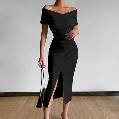 Women Elegant Commuter Wrap Hip Dresses Belt Included Crossover V Neck Off The Shoulder Gown Female Split Hem Pencil Dress 2024