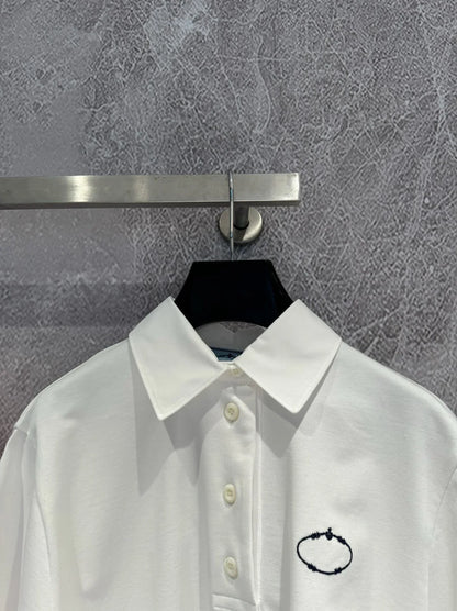 2024 Early Spring White Embroidered Knitted Cotton Turndown Collar Short sleeved Polo Shirt Women loose blouse tops t-shirt
