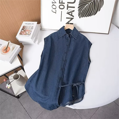 Cos Lris 2024 Summer New Product Women's Casual Versatile Design Sense Tie up Slim Fit denim blue shirt