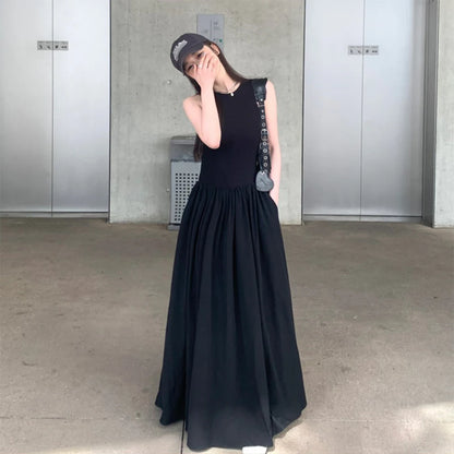 Black Women's Dress Round Neck Sleeveless Vest Vintage Design High Waist Long Korean Elegant Spring Summer Outdoor Dating Wear
