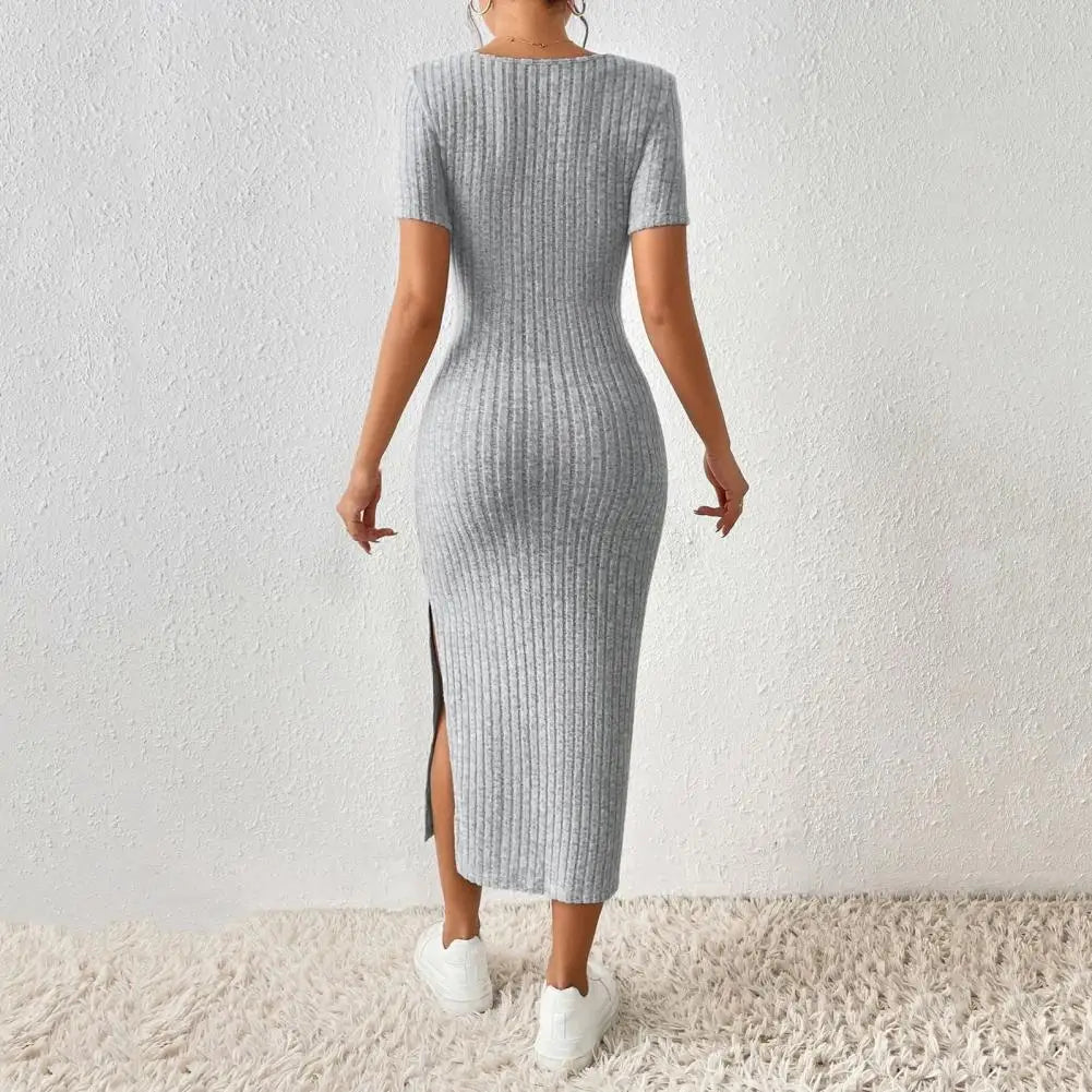 Women Dress Elegant Square Neck Midi Dress for Women Knitted Elastic Skinny Solid Color Summer Dress with Split Hem for Parties