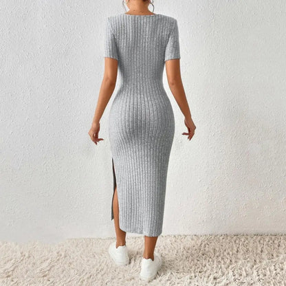 Women Dress Elegant Square Neck Midi Dress for Women Knitted Elastic Skinny Solid Color Summer Dress with Split Hem for Parties