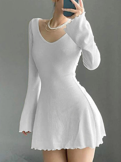 Knitted y2k Dress for Women 2024 Solid U Neck Backless Sexy Long Flared Sleeves Basic Slim Mini A-Line Dress