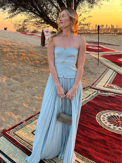 Elegant Blue Off Shoulder Pleated Dress For Women Sleeveless Backless A Line Dresses 2024 Spring New Female Vacation Party Robes