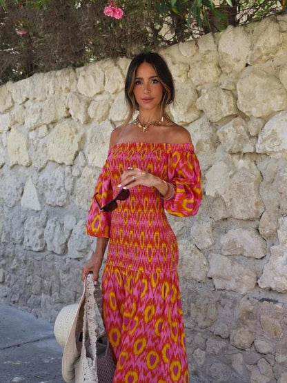 Women's Elastic Slim Mid-Calf Dress Vintage Vacation Club Vestido Ladies Slash Neck Puff Long Sleeve A-line Robe Fashion Elegant
