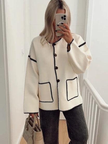 Women Round Neck Patchwork Coat Long Sleeve Single Breasted Pocket Jackets Autumn Fashion Female Streetwear Outwears