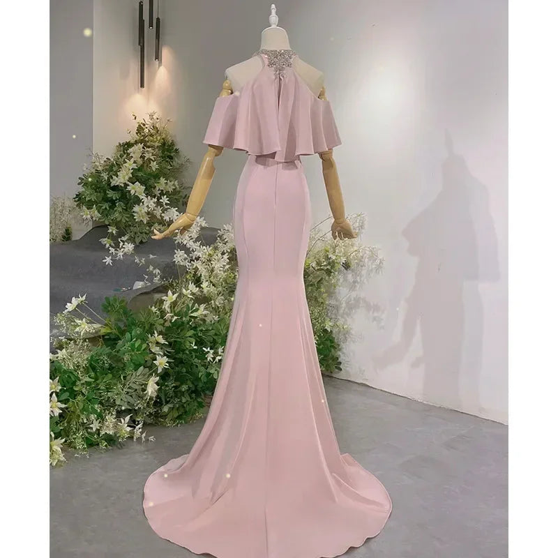 Prom Dresses For Women Pink Fishtail Ruffles Sleeveless Halter Skirt Banquet Gown Wedding Party Dress Womens Vestidos De Festa