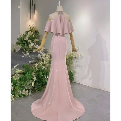 Prom Dresses For Women Pink Fishtail Ruffles Sleeveless Halter Skirt Banquet Gown Wedding Party Dress Womens Vestidos De Festa