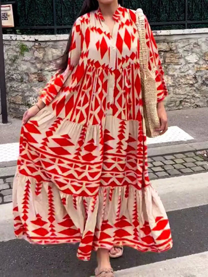 Casual Print Shirt Dresses Women Retro Long Sleeve Buttons Pleated Loose Long Dress  Female Spring Summer Boho V Neck Robe