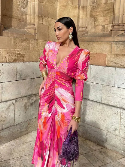 Elegant Print Pleated V Neck Contrast Maxi Dress Women Chic Long Sleeves Bodycon Vestidos 2024 Spring Summer Lady Party Dresses