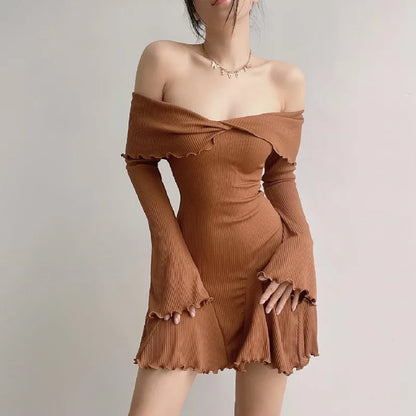 Autumn Black A-LINE Dress Women Streetwear Sexy Strapless Off Shoulder Long Sleeves Knitting Mini Dresses Club Elegant Partywear