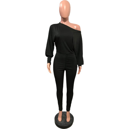 LW BASICS Plus Size One Shoulder Asymmetrical Jumpsuits Women Spring Solid Color Long Sleeve Casual One Pieces Suits