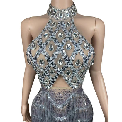 Luxury Sexy See Through Halter Silver Beads Crystals Dresses Black Girls Tassel Short Birthday Party Prom Dresses 2024 Sanjiao