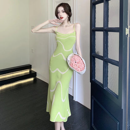 French Vintage Elegant Strap Long Dress High Grade Wave Stripe Knitted Mid length Dresses Women's Autumn Ladie Party Clothing
