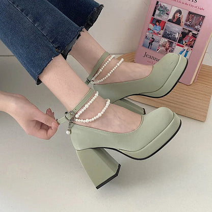 Vintage High Heels Mary Jane Shoes for Women 2023 Patent Leather Platform Pumps Woman Pearls Chain Thick-Heeled Shoes Female