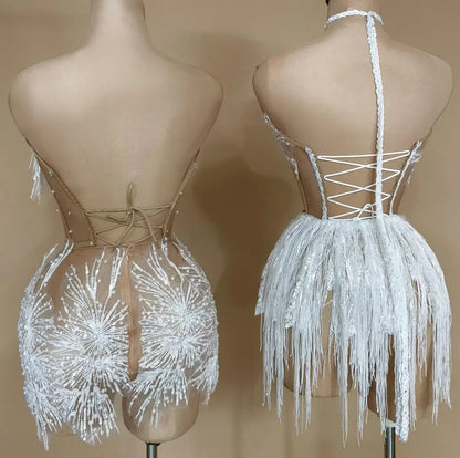 See Through Women Cocktail Brithday Gowns Sheer Sexy Luxury White Pearls Tassel Dress Black Girl Short Prom Dresses Shangxue