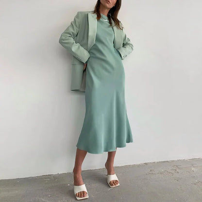 WOTWOY 2024 Spring Elegant Satin Dress Women Casual Solid Long Sleeve Dresses Women Loose-Fitting Party Vestidos Femme Traf Robe