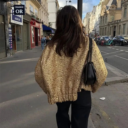 TRAF Metal SequinJackets for Women Coats Autumn Jacket New in Outerwears Round Neck Long sleeves Fashion 2023 Woman Coat