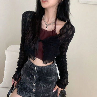 2024 Summer Cardigans Women Korean Style Office Lady V-neck Solid Color Long Sleeve Slim Versatile Short Chiffon Blouse Female