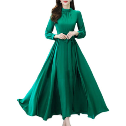 Spring Autumn Maxi Dresses Fashion Female Vintage Full Sleeve Solid A-line Casual Chiffon Dress Women Long Dresses Muslim Dress