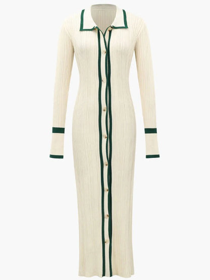 Patchwork Slim V-Neck Dress Cardigan For Women Contrast Long Sleeve High Street Maxi Dress Female Elegant Party Dress 2023