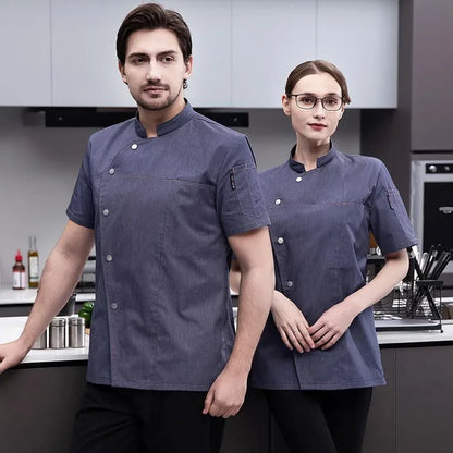 Unisex Chef Jacket Short Sleeve Kitchen Cook Coat Chinese Restaurant Waiter Uniform Top