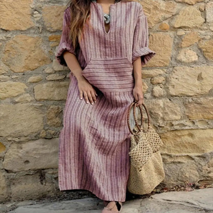 Summer Long Dress Cotton Linen Casual Dresses 2023 New Striped Loose Maxi Dress Sundress Vacation Clothes For Women