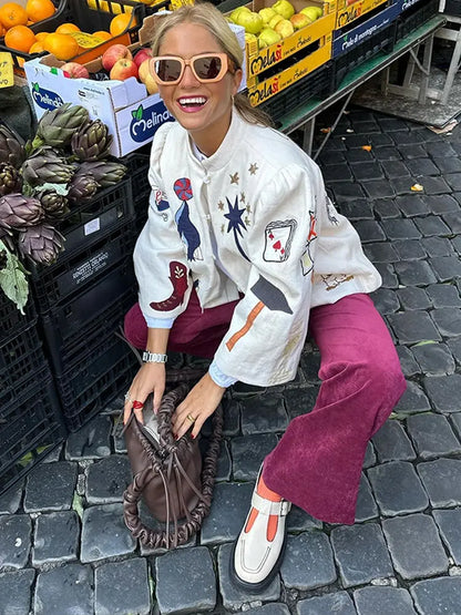 Fashion Embroidery Short Coat For Women Half High Collar Single Breasted Jacket 2024 Spring Elegant Loose Overcoat Female