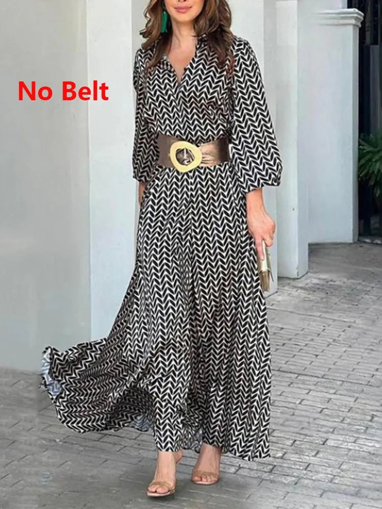 Autumn New Dress Black And White Printed Vintage Elegant V Neck Fashion Leisure Gathering Women Slim Long Dresses MsChuh
