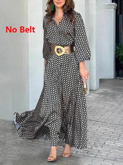 Autumn New Dress Black And White Printed Vintage Elegant V Neck Fashion Leisure Gathering Women Slim Long Dresses MsChuh