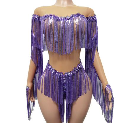 Purple Shining Rhinestones Tassel Bodysuits Women Fashion Show Model Clothing Sexy Stage Costume Jazz Dance Wears Weixiao
