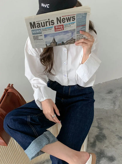 Women Blouses Elegant Streetwear Office Casual Cotton 100% Loose Button Up White Blue Long Sleeve Vintage Oversize Shirt Tops
