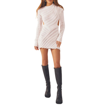 Y2k Hollow Out Long Sleeve Knitted Mini Dress Women Slim Fit Bodycon Dress Ladies Autumn Winter Elegant Party Dress Streetwear