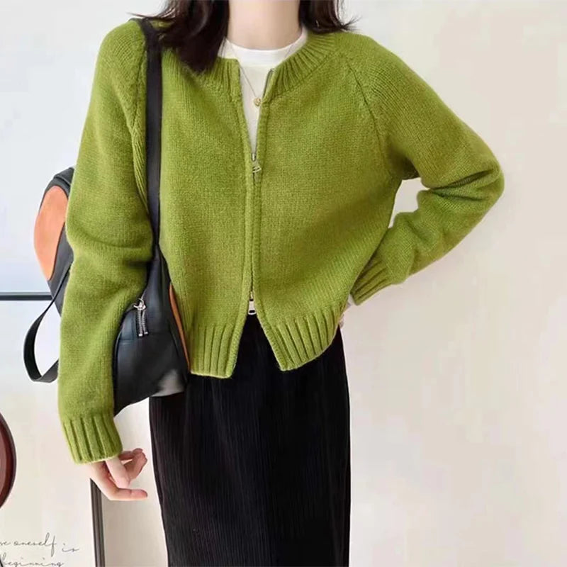 2023  Autumn Korean Knitted Cardigan Women Zipper Cropped Sweaters Vintage Knitwear Coat Casual Short Jumpers Jackets Outerwear