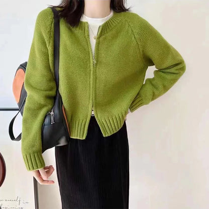 2023  Autumn Korean Knitted Cardigan Women Zipper Cropped Sweaters Vintage Knitwear Coat Casual Short Jumpers Jackets Outerwear