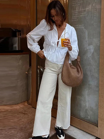 Fashion Solid Lace Up Shirts for Women Casual Long Sleeves Female Blouse 2024 Spring Summer New Office Lady Commuter Shirts