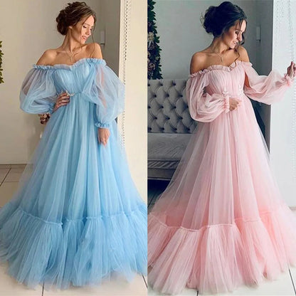 Women's Dresses Solid Candy Color Long Sleeve Off Shoulder Slash-Neck Fashion Gauze Long Full Length Swing Dress Party Dresses