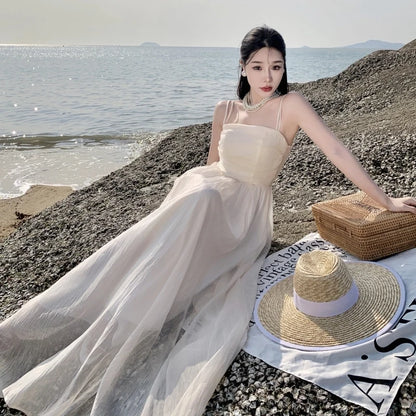 Vintage Spaghetti Strap Purple Long Dresses for Women Summer Sexy Tulle Pleats Fairy Evening Party Backless Female Clothing