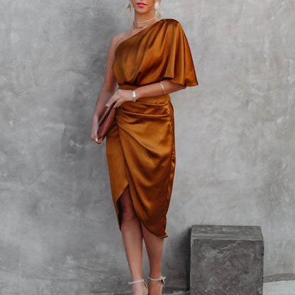 Women One Shoulder Batwing Sleeve Ruched Asymmetrical Satin Midi Bodycon Dresses