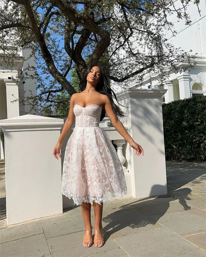 Lace Tube Top Women Prom Dress Tight Waist Strapless Party Gown Elegant Embroider White Blue Sheer Evening Dress Newest In Stock