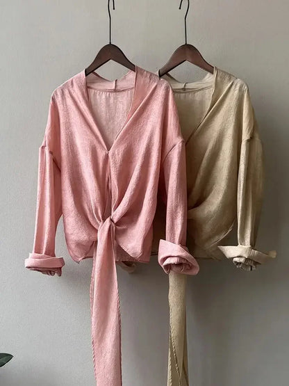 2024 Spring Summer New Women's Blouse  & Shirt Jacquard V-Neck Design Tie up One Button Irregular Type Korean Clothing 80973