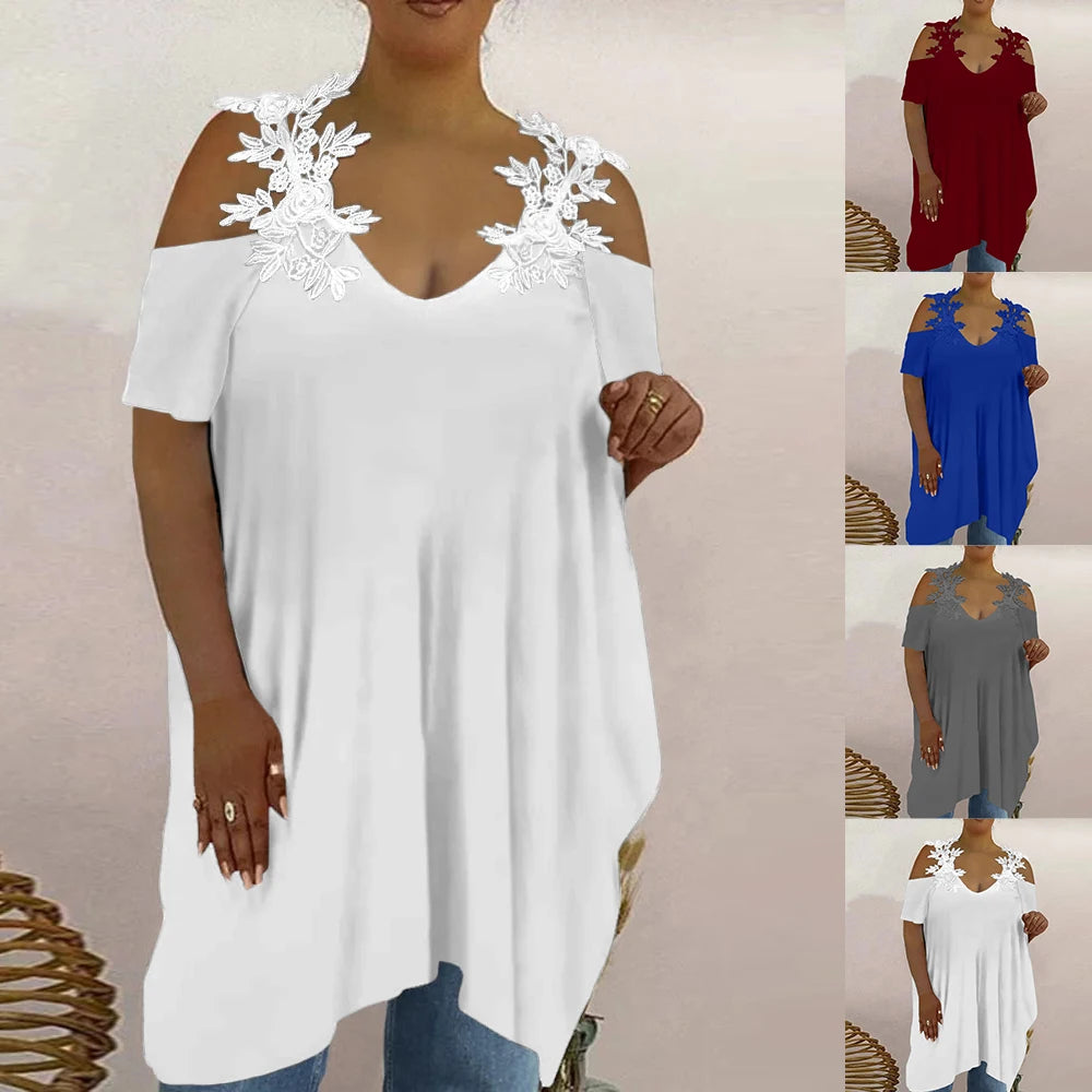 Lace Plus Size Top for Women Clothing 2023 Summer Casual Oversized Long T-Shirt Tee for Female Y2K Clothes Sexy Loose Blouse
