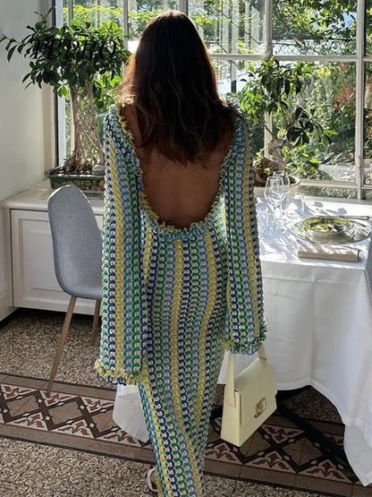 Contrast A-line Vestidos Female Party Club Vacation Robes Sexy Backless Women's Flare Sleeves Long Dress Fashion Elegant