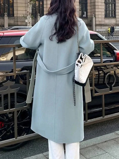 Lace UP Long Coat Women 2024 Spring Faux Woolen Full Sleeve Female Midi Jacket Fashion Single Breasted Loose Causal Lady Coats