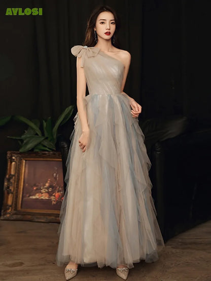 AyLosi 2024 Women's Banquet Party Dresses Sexy Sleeveless Slanted Shoulder Lace Bow Belt Skirt Prom Dress for Women Vestidos